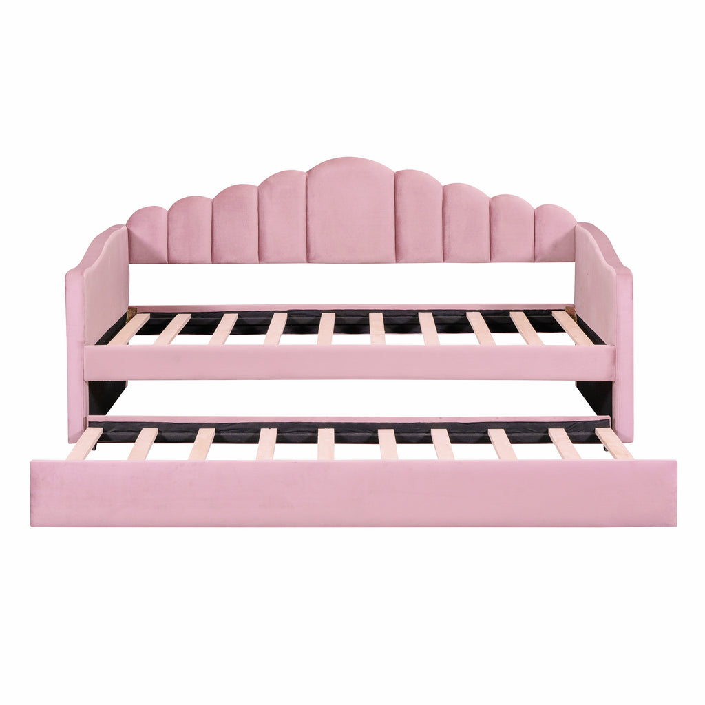 NYBOPAVIS Twin size Upholstered Daybed Bed with USB Charging Ports & Trundle,Velvet Daybed Frame with 2 Side Pockets for Bedroom,Living Room,Pink