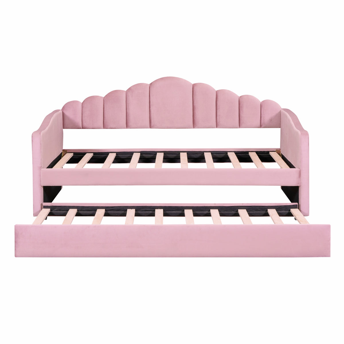 NYBOPAVIS Twin size Upholstered Daybed Bed with USB Charging Ports & Trundle,Velvet Daybed Frame with 2 Side Pockets for Bedroom,Living Room,Pink