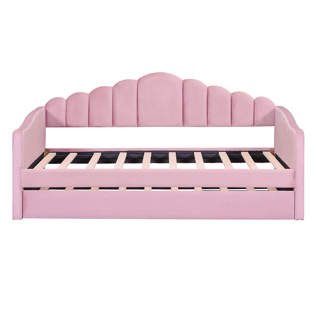 NYBOPAVIS Twin size Upholstered Daybed Bed with USB Charging Ports & Trundle,Velvet Daybed Frame with 2 Side Pockets for Bedroom,Living Room,Pink