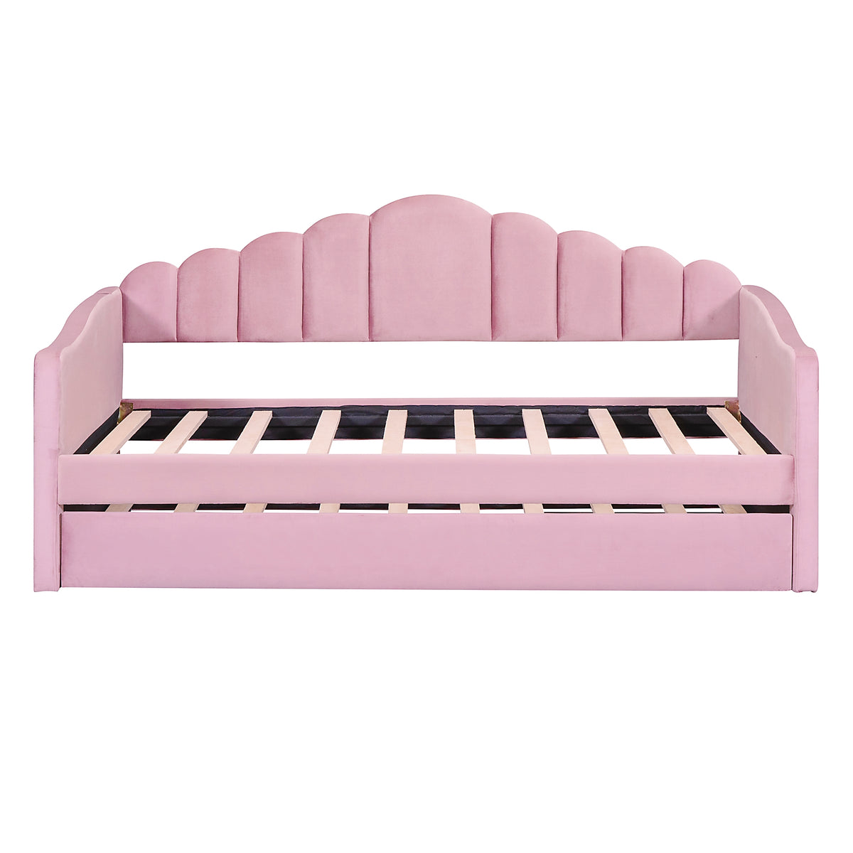 NYBOPAVIS Twin size Upholstered Daybed Bed with USB Charging Ports & Trundle,Velvet Daybed Frame with 2 Side Pockets for Bedroom,Living Room,Pink
