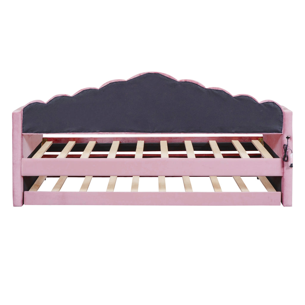 NYBOPAVIS Twin size Upholstered Daybed Bed with USB Charging Ports & Trundle,Velvet Daybed Frame with 2 Side Pockets for Bedroom,Living Room,Pink