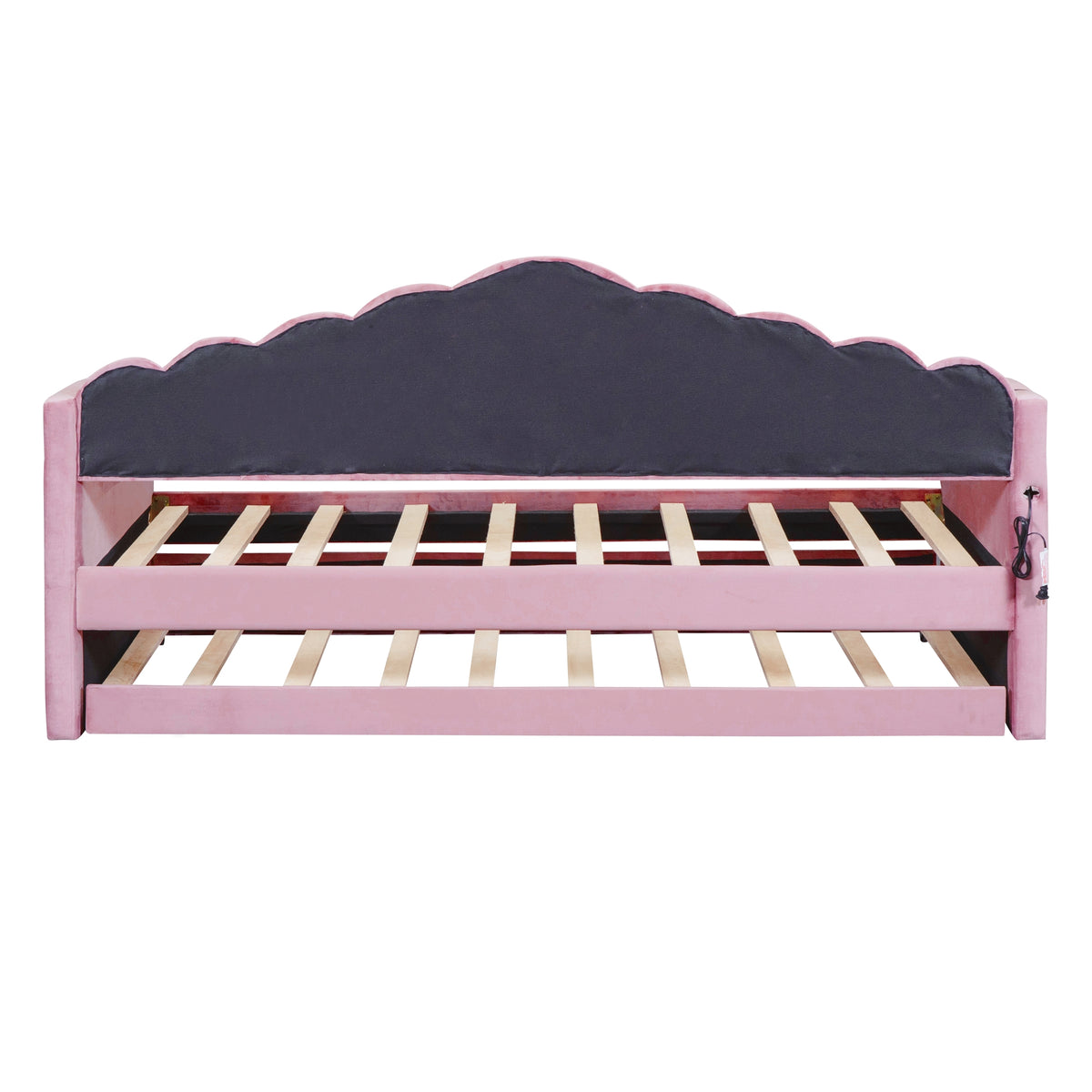 NYBOPAVIS Twin size Upholstered Daybed Bed with USB Charging Ports & Trundle,Velvet Daybed Frame with 2 Side Pockets for Bedroom,Living Room,Pink