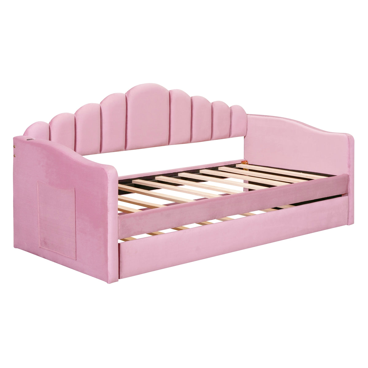 NYBOPAVIS Twin size Upholstered Daybed Bed with USB Charging Ports & Trundle,Velvet Daybed Frame with 2 Side Pockets for Bedroom,Living Room,Pink