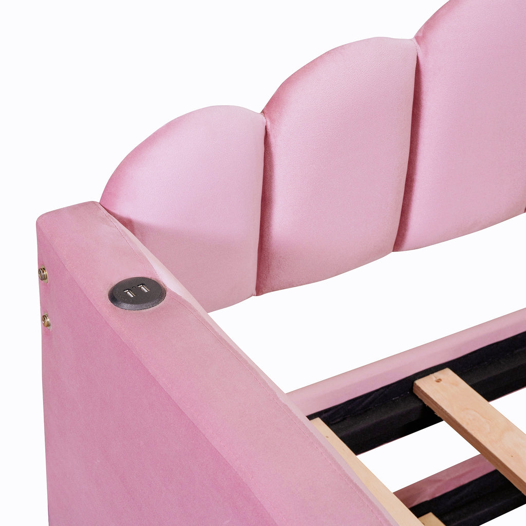 NYBOPAVIS Twin size Upholstered Daybed Bed with USB Charging Ports & Trundle,Velvet Daybed Frame with 2 Side Pockets for Bedroom,Living Room,Pink