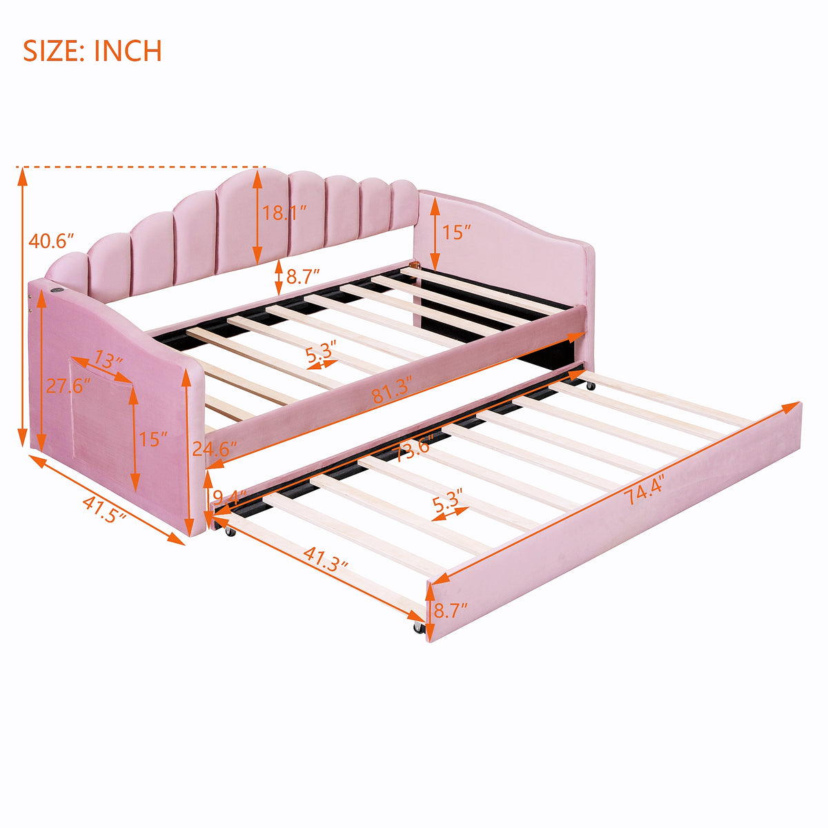 NYBOPAVIS Twin size Upholstered Daybed Bed with USB Charging Ports & Trundle,Velvet Daybed Frame with 2 Side Pockets for Bedroom,Living Room,Pink