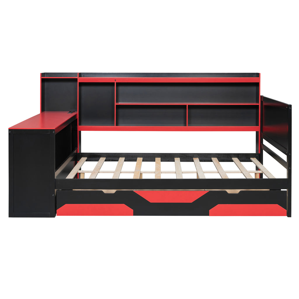 Full Size Gaming Daybed, Wooden Frame with Integrated Desk, LED Lights, 3 Storage Drawers, Charging Station & Headboard Bookcase, Black Red Esports Bed for Teens, Adults and Gamers