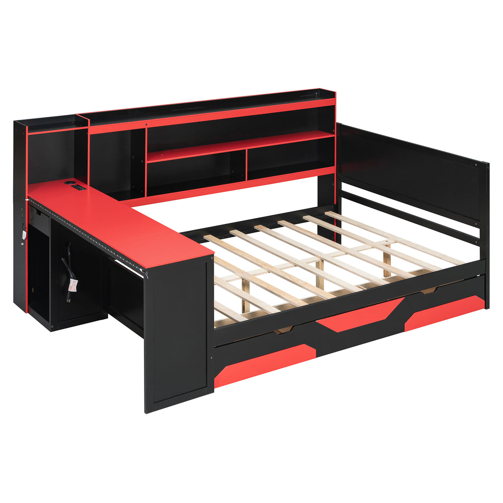 Full Size Gaming Daybed, Wooden Frame with Integrated Desk, LED Lights, 3 Storage Drawers, Charging Station & Headboard Bookcase, Black Red Esports Bed for Teens, Adults and Gamers
