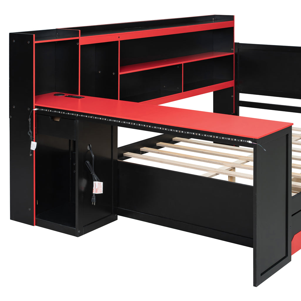 Full Size Gaming Daybed, Wooden Frame with Integrated Desk, LED Lights, 3 Storage Drawers, Charging Station & Headboard Bookcase, Black Red Esports Bed for Teens, Adults and Gamers
