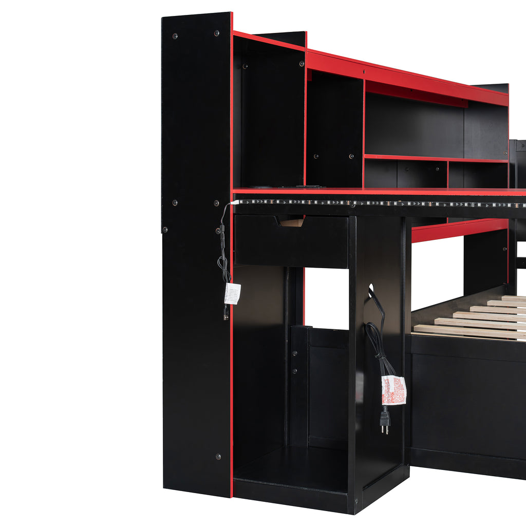 Full Size Gaming Daybed, Wooden Frame with Integrated Desk, LED Lights, 3 Storage Drawers, Charging Station & Headboard Bookcase, Black Red Esports Bed for Teens, Adults and Gamers