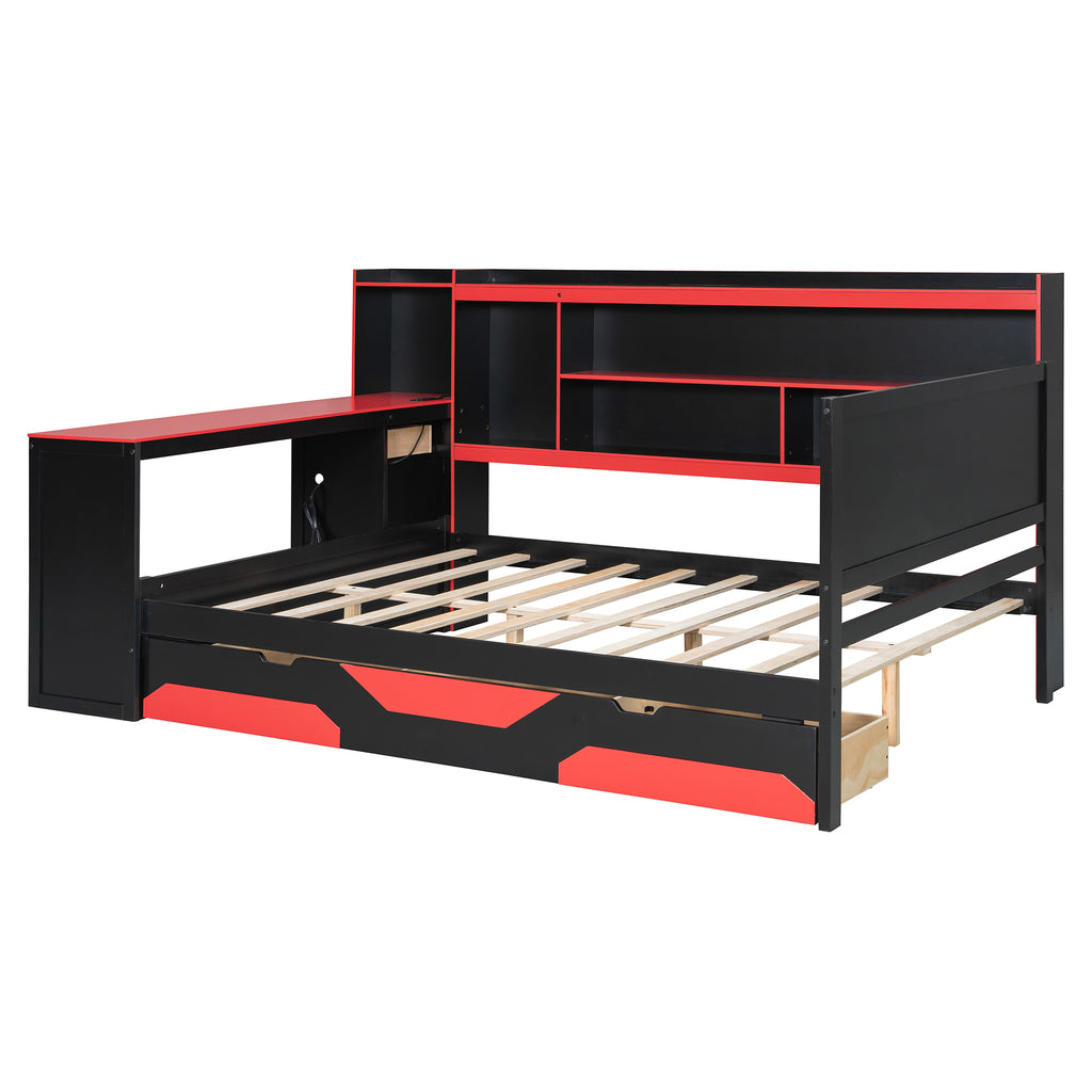 Full Size Gaming Daybed, Wooden Frame with Integrated Desk, LED Lights, 3 Storage Drawers, Charging Station & Headboard Bookcase, Black Red Esports Bed for Teens, Adults and Gamers