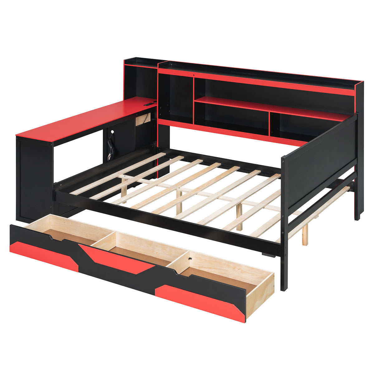 Full Size Gaming Daybed, Wooden Frame with Integrated Desk, LED Lights, 3 Storage Drawers, Charging Station & Headboard Bookcase, Black Red Esports Bed for Teens, Adults and Gamers
