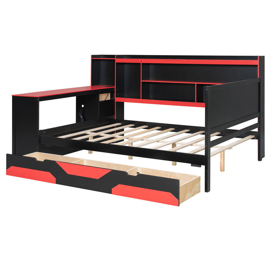 Full Size Gaming Daybed, Wooden Frame with Integrated Desk, LED Lights, 3 Storage Drawers, Charging Station & Headboard Bookcase, Black Red Esports Bed for Teens, Adults and Gamers
