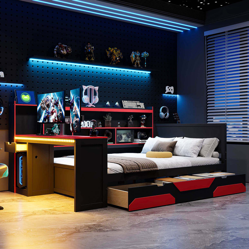 Full Size Gaming Daybed, Wooden Frame with Integrated Desk, LED Lights, 3 Storage Drawers, Charging Station & Headboard Bookcase, Black Red Esports Bed for Teens, Adults and Gamers