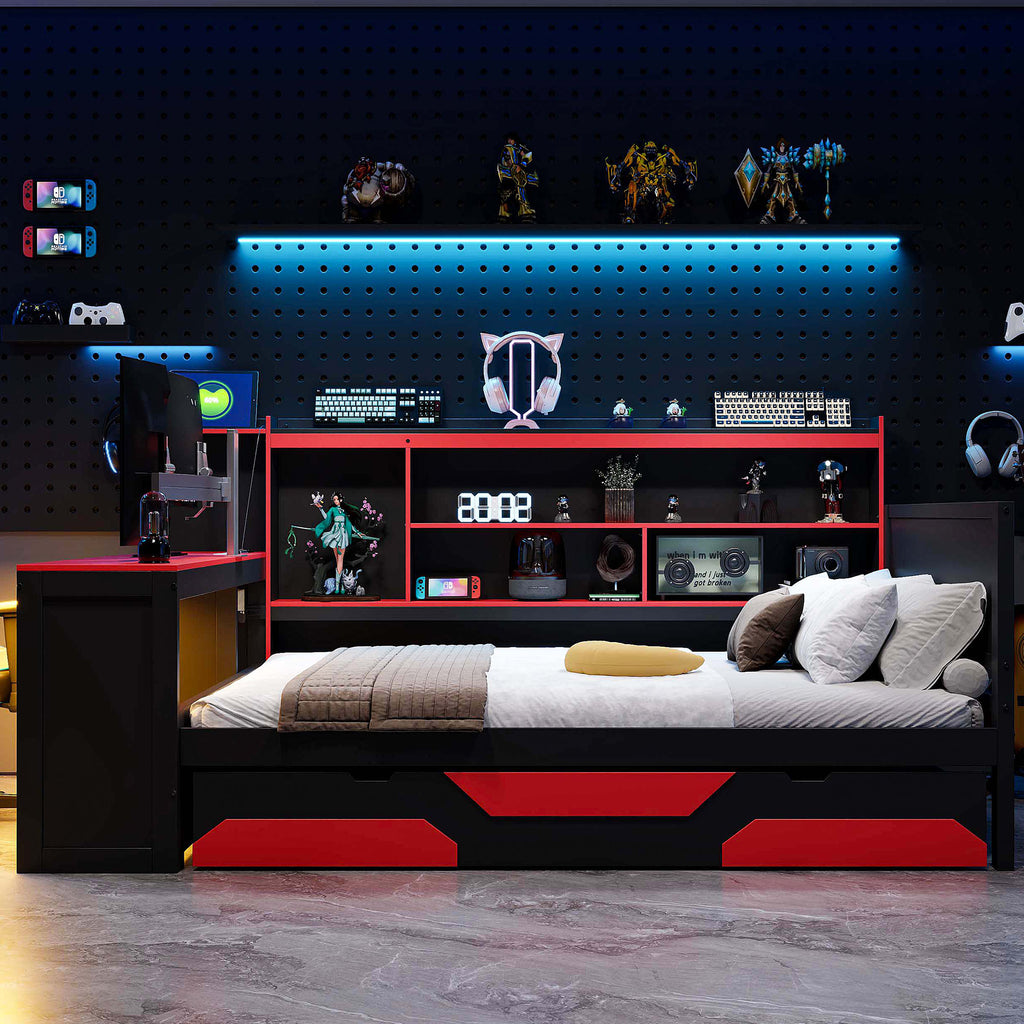 Full Size Gaming Daybed, Wooden Frame with Integrated Desk, LED Lights, 3 Storage Drawers, Charging Station & Headboard Bookcase, Black Red Esports Bed for Teens, Adults and Gamers