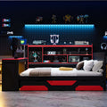 Full Size Gaming Daybed, Wooden Frame with Integrated Desk, LED Lights, 3 Storage Drawers, Charging Station & Headboard Bookcase, Black Red Esports Bed for Teens, Adults and Gamers