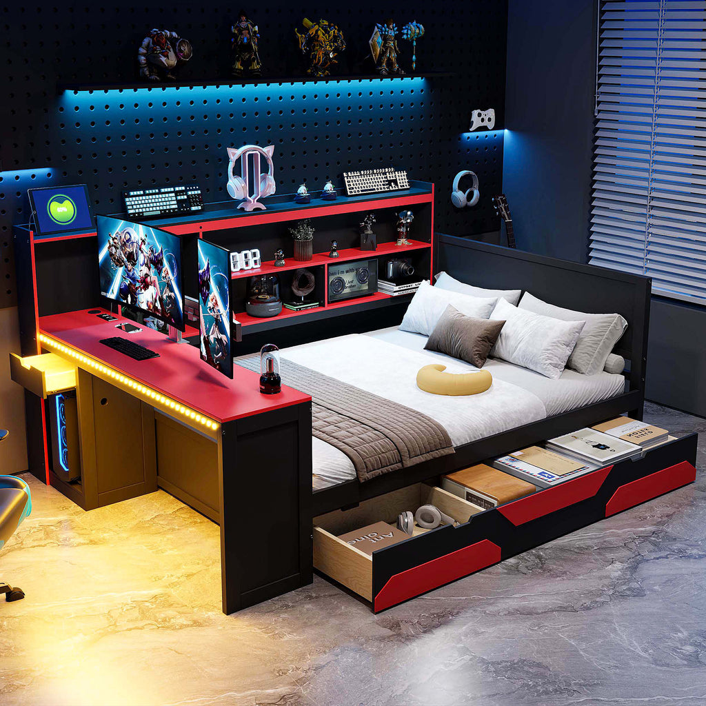 Full Size Gaming Daybed, Wooden Frame with Integrated Desk, LED Lights, 3 Storage Drawers, Charging Station & Headboard Bookcase, Black Red Esports Bed for Teens, Adults and Gamers