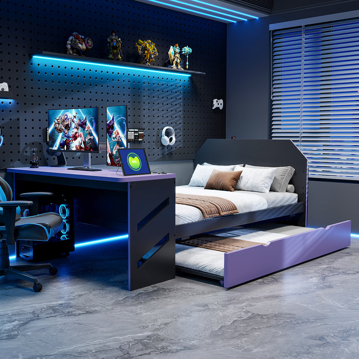 Full Size Wood Daybed with Desk & USB,Full Daybed with Twin Size Trundle for Bedroom, Black+Purple