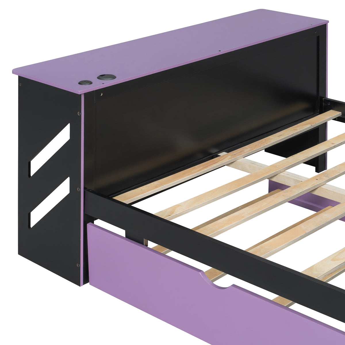 Full Size Wood Daybed with Desk & USB,Full Daybed with Twin Size Trundle for Bedroom, Black+Purple