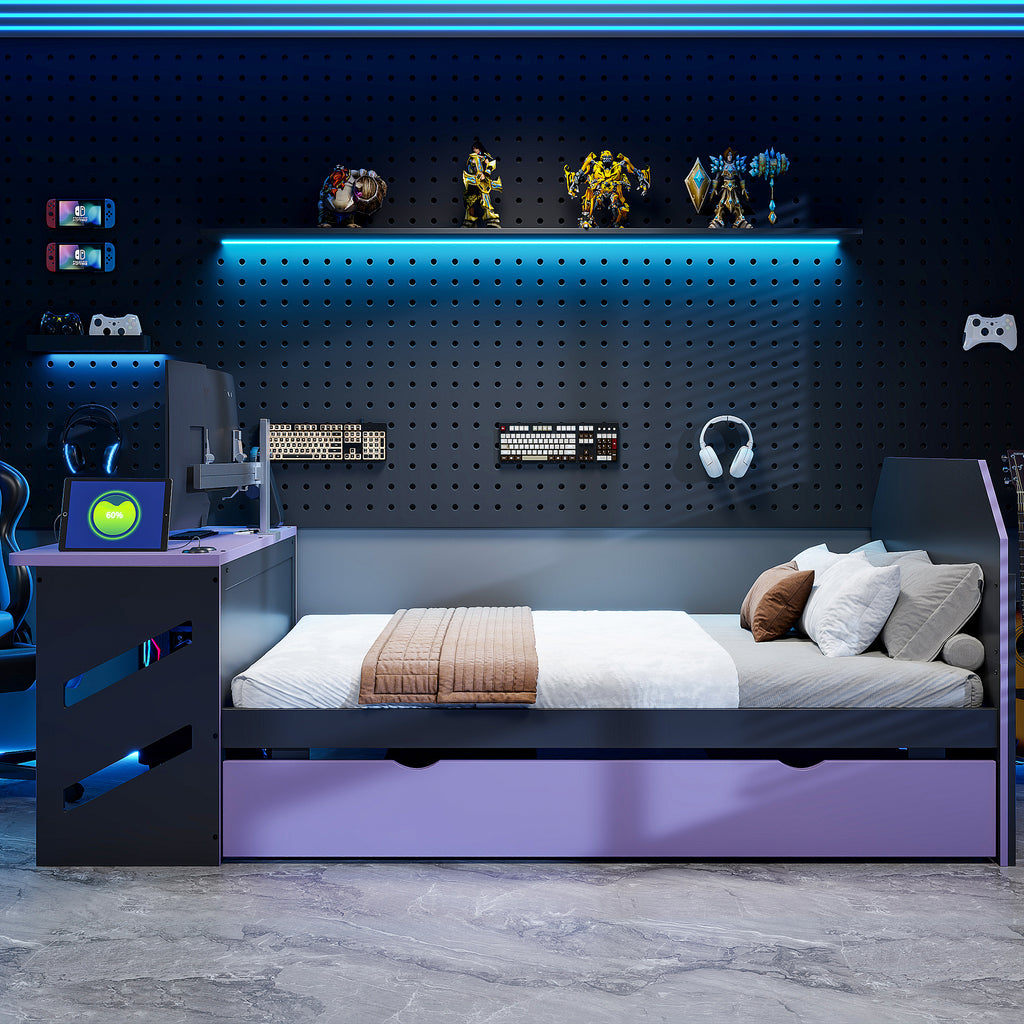 Full Size Wood Daybed with Desk & USB,Full Daybed with Twin Size Trundle for Bedroom, Black+Purple