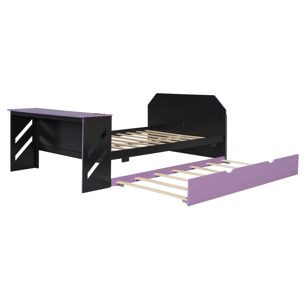 Full Size Wood Daybed with Desk & USB,Full Daybed with Twin Size Trundle for Bedroom, Black+Purple