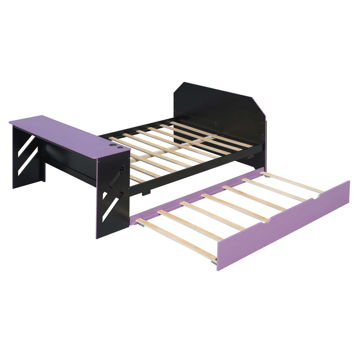 Full Size Wood Daybed with Desk & USB,Full Daybed with Twin Size Trundle for Bedroom, Black+Purple