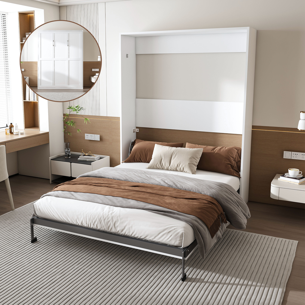 NYBOPAVIS Queen Murphy bed, 65-inch foldable wall bed with metal bed frame, solid wood support slats Multifunctional Storage Cabinet Bed for Bedroom, Guest Room, Office,White