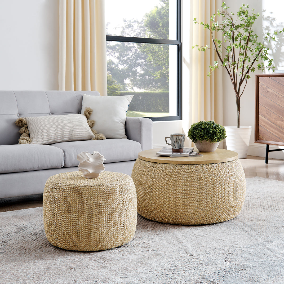 Round Storage Ottoman, 2 in 1 Function, Work as End table and Ottoman,with small seat,Natural