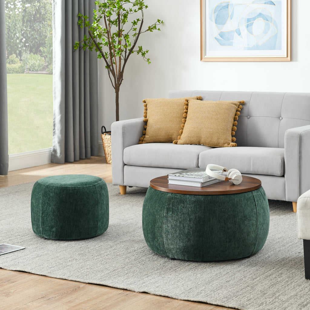 Round Storage Ottoman, 2 in 1 Function, Work as End table and Ottoman,with small seat,Green