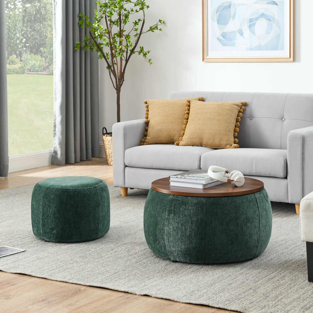 Round Storage Ottoman, 2 in 1 Function, Work as End table and Ottoman,with small seat,Green