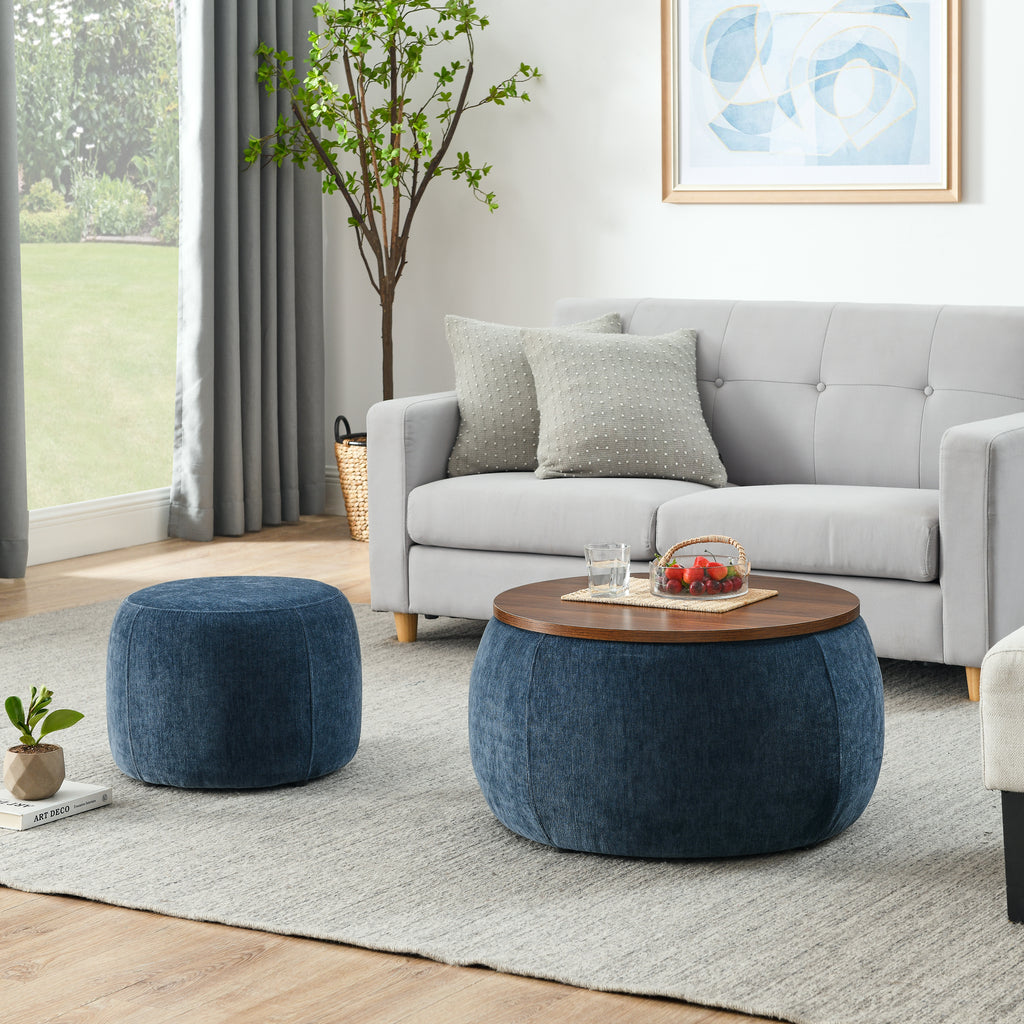 Round Storage Ottoman, 2 in 1 Function, Work as End table and Ottoman,with small seat,Dark blue