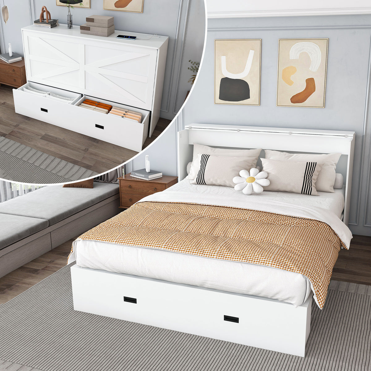 NYBOPAVIS Full Size Murphy Wall Bed with Drawer, USB Ports and Mattress, Folding Storage Wall Bed Furniture with Swivel Casters for Bedroom, Office, Guest Room, White