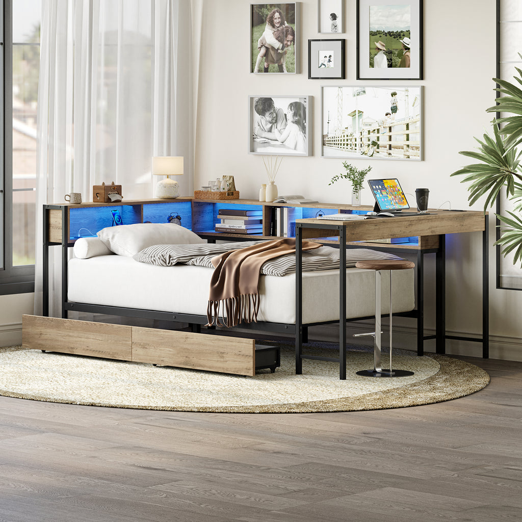 Twin Size Corner Bed Frame with Bookcase & 2 Underbed Storage Drawers, Modern Bed with LED Light and Charging Station, Left and Right Interchangeable, Grey
