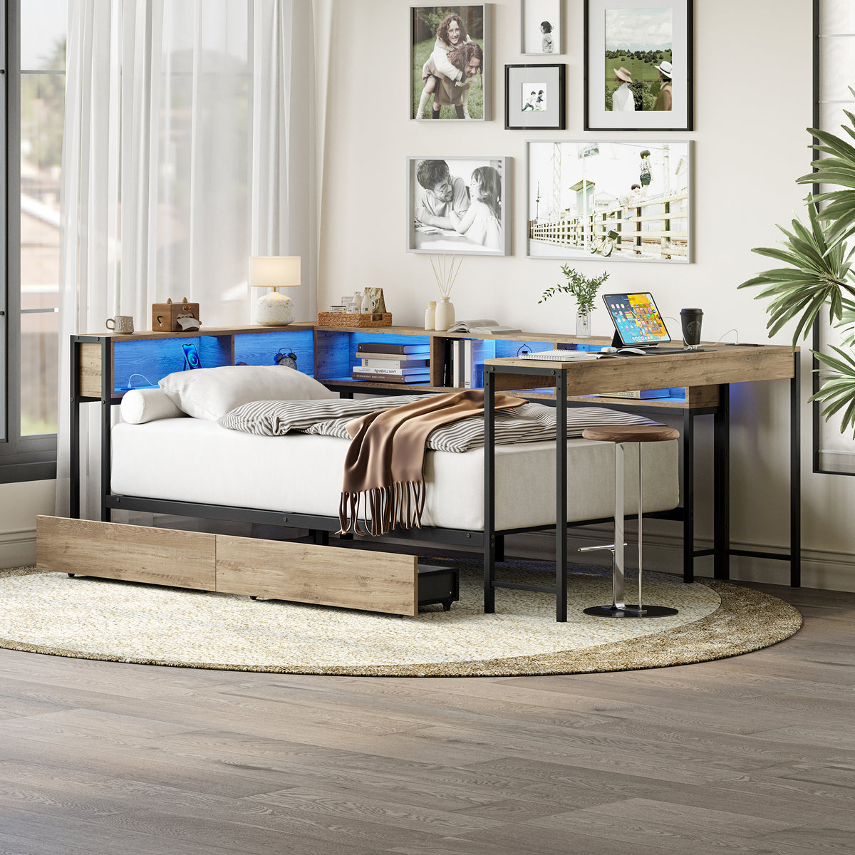 Twin Size Corner Bed Frame with Bookcase & 2 Underbed Storage Drawers, Modern Bed with LED Light and Charging Station, Left and Right Interchangeable, Grey