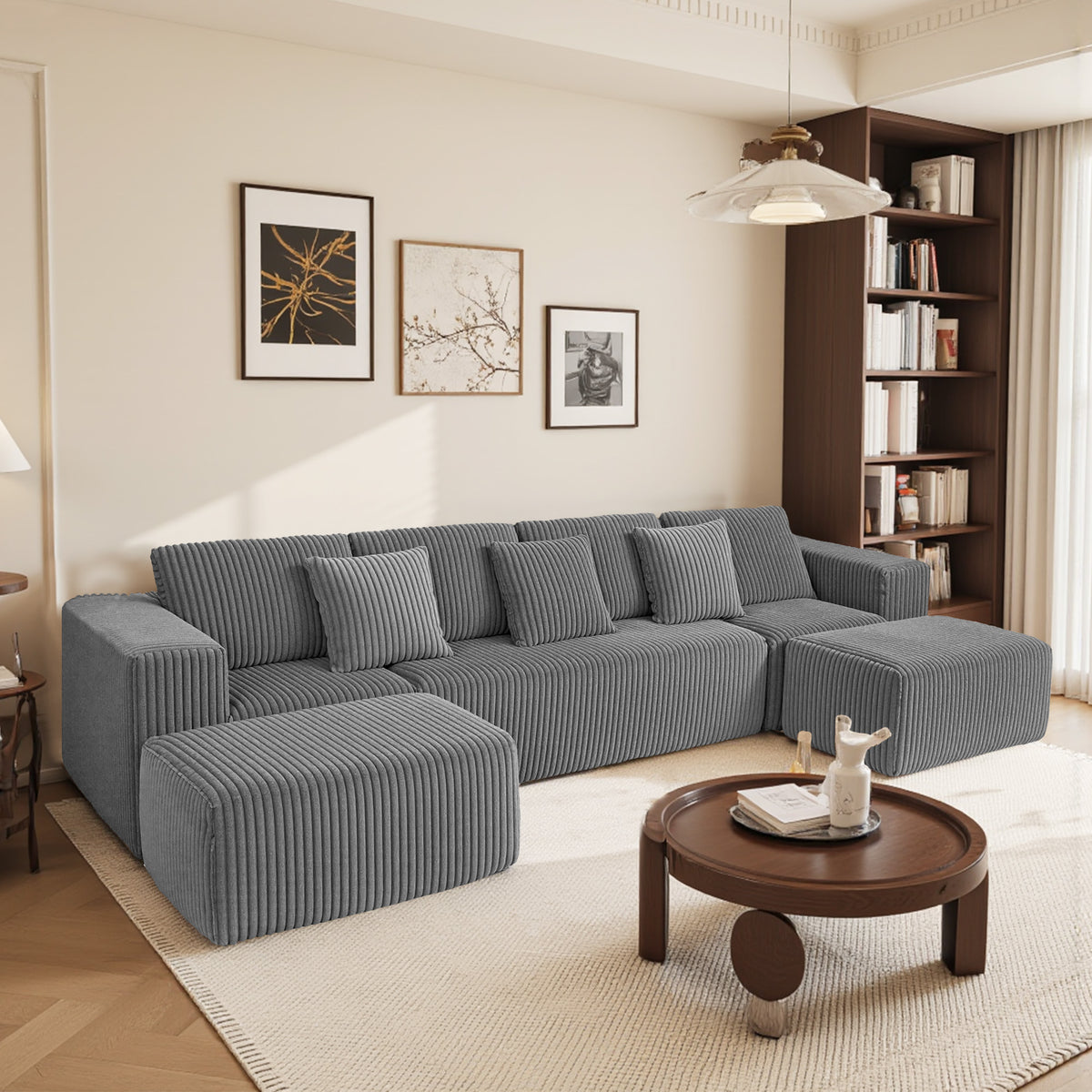 132" U-Shaped Sectional Sofa, 6 seat Oversized Corduroy Couch, Lounge Sleeper with 3 Pillows for Living Room, No Assembly Gray
