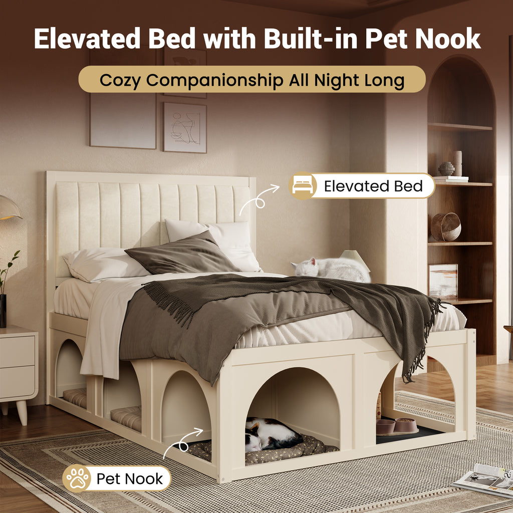 NYBOPAVIS Full Size Bed Frame with Nook & Storage,Upholstered Platform Bed for Bedroom,Office,Guest Room, Beige