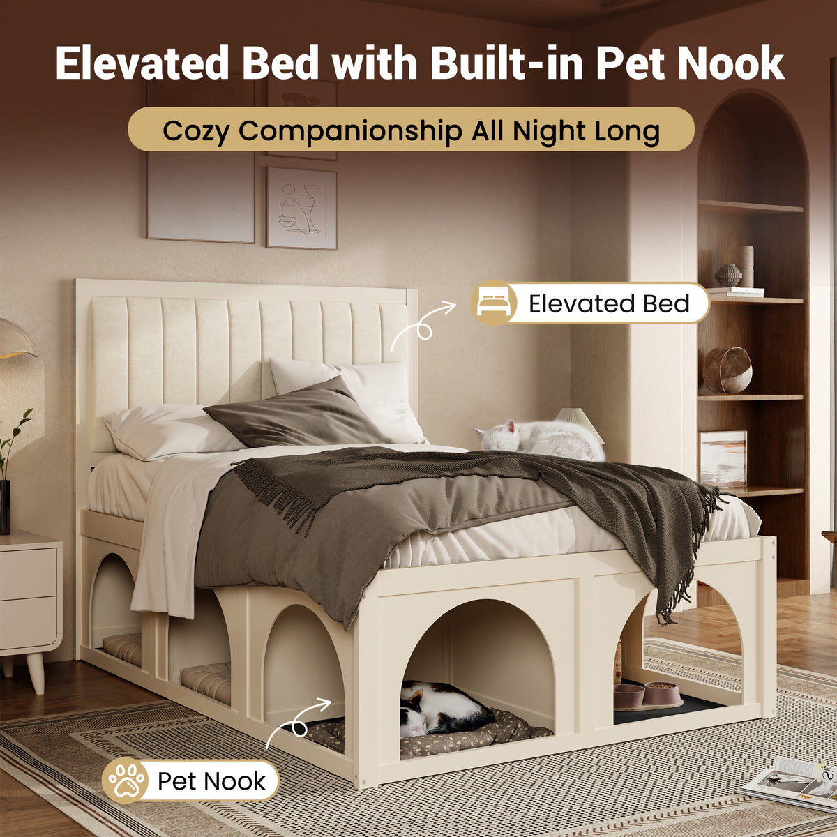 NYBOPAVIS Full Size Bed Frame with Nook & Storage,Upholstered Platform Bed for Bedroom,Office,Guest Room, Beige