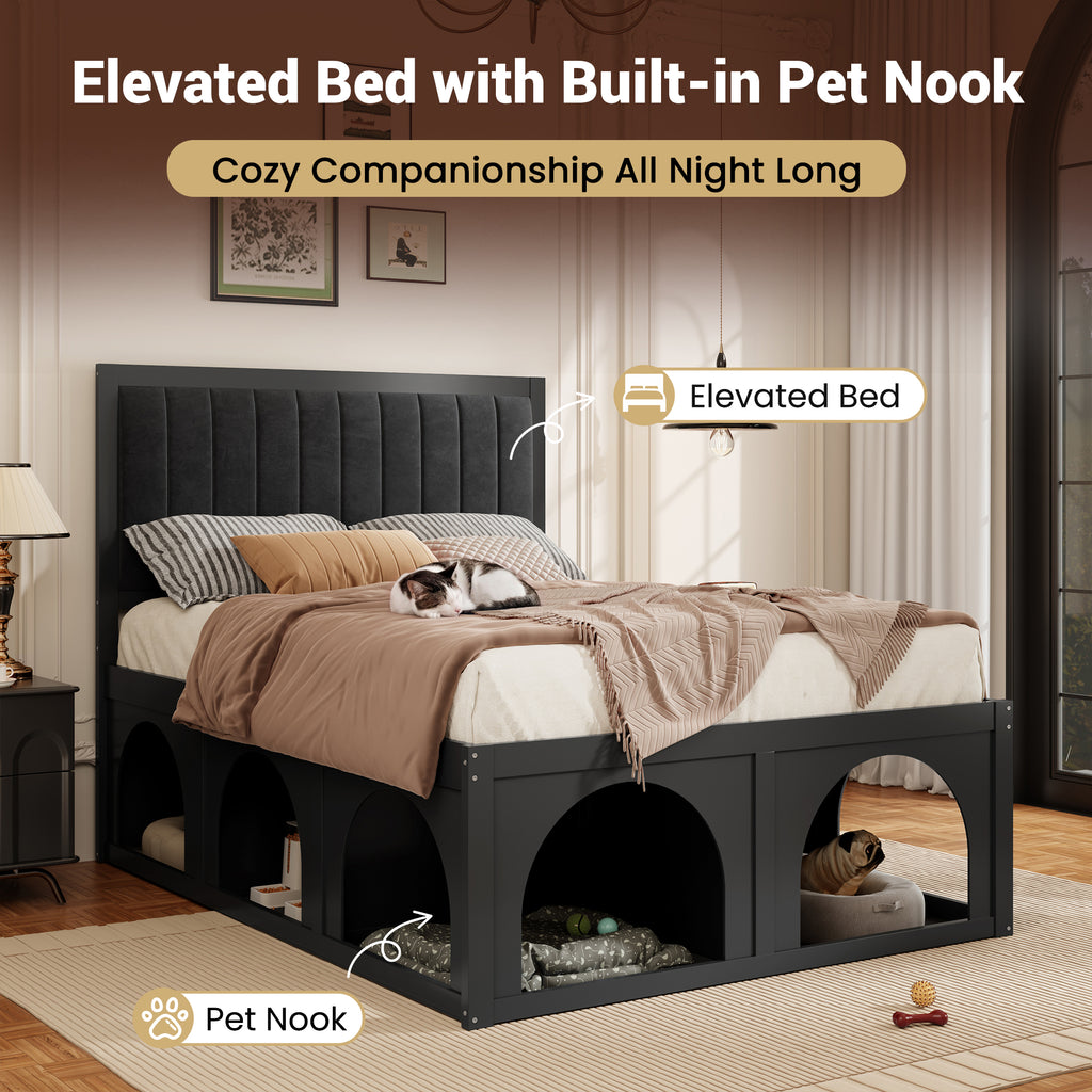 NYBOPAVIS Full Size Bed Frame with Nook & Storage,Upholstered Platform Bed for Bedroom,Office,Guest Room, Black