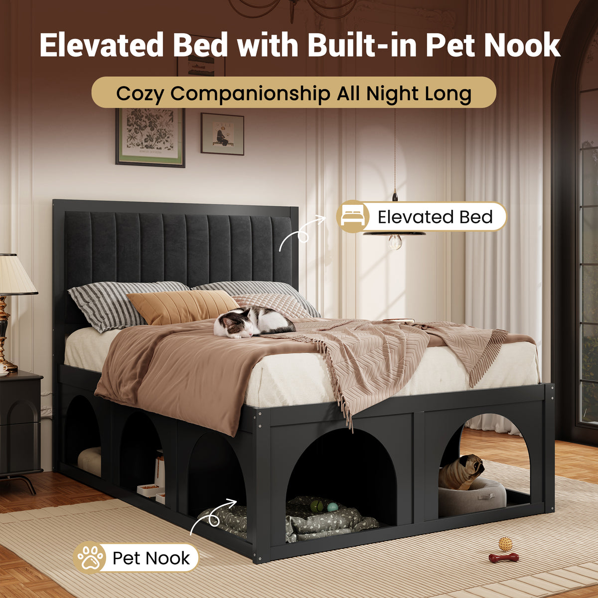 NYBOPAVIS Full Size Bed Frame with Nook & Storage,Upholstered Platform Bed for Bedroom,Office,Guest Room, Black