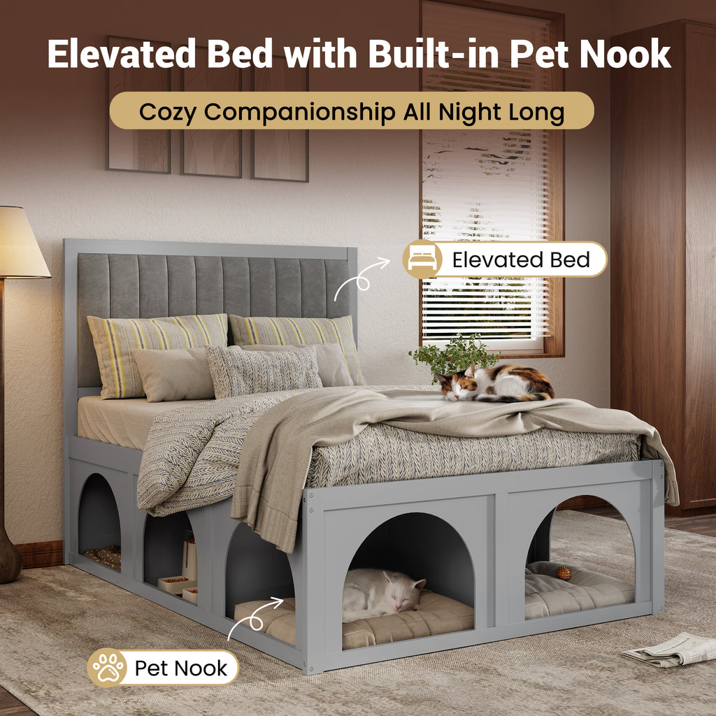 NYBOPAVIS Full Size Bed Frame with Nook & Storage,Upholstered Platform Bed for Bedroom,Office,Guest Room, Light Grey