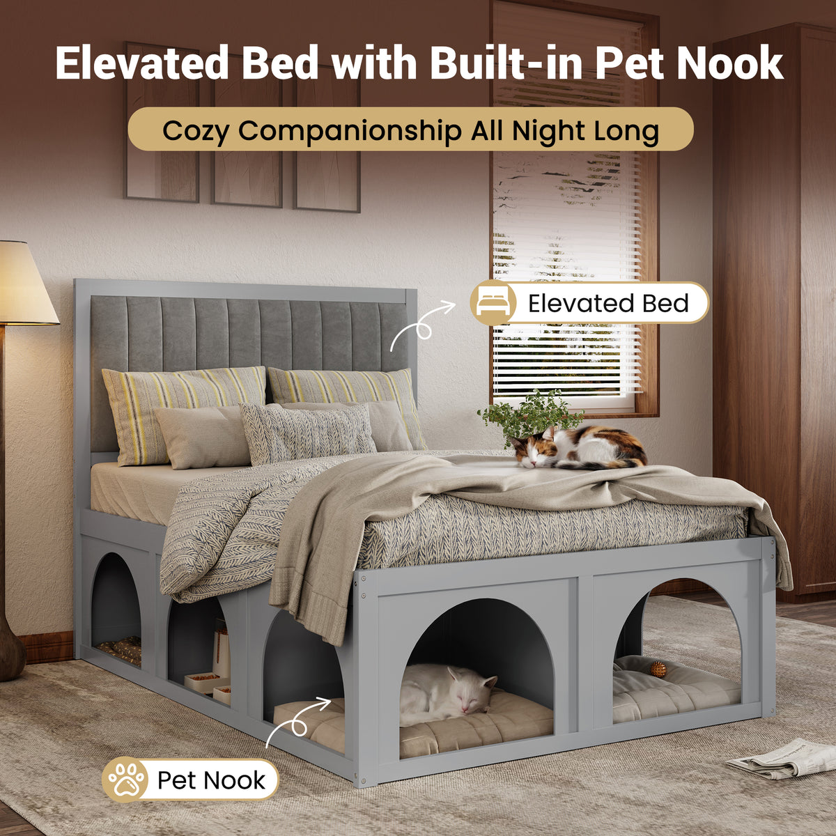 NYBOPAVIS Full Size Bed Frame with Nook & Storage,Upholstered Platform Bed for Bedroom,Office,Guest Room, Light Grey
