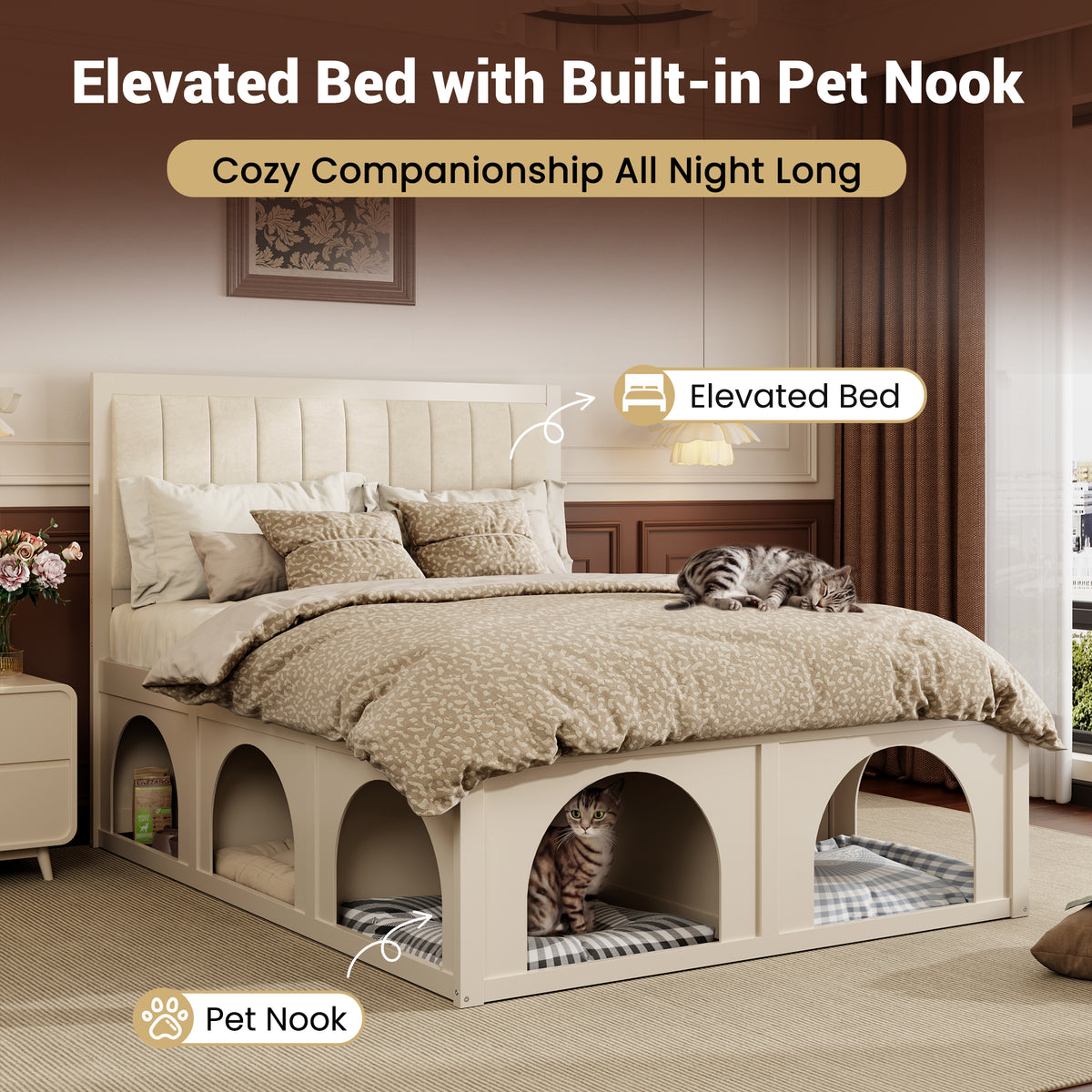 NYBOPAVIS Queen Size Bed Frame with Nook & Storage,Upholstered Platform Bed for Bedroom,Office,Guest Room, Beige