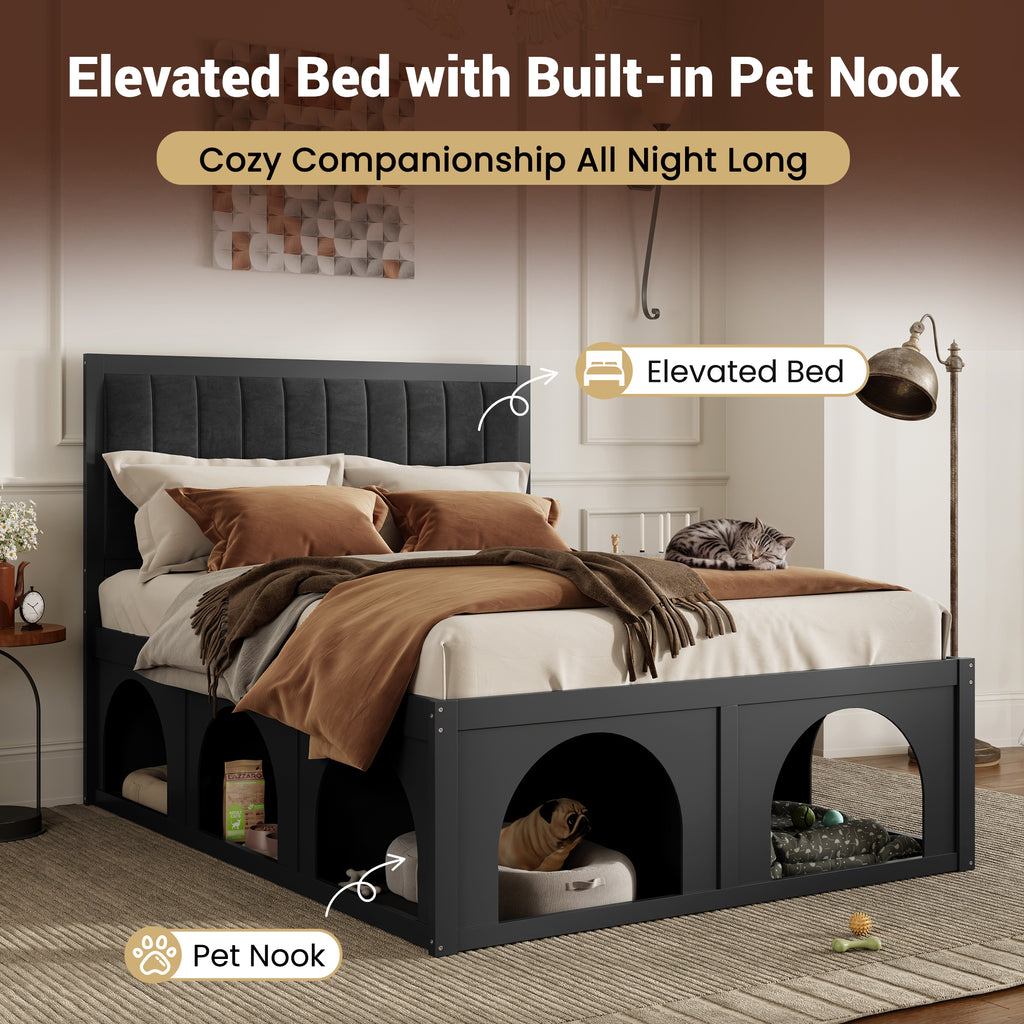 NYBOPAVIS Queen Size Bed Frame with Nook & Storage,Upholstered Platform Bed for Bedroom,Office,Guest Room, Black