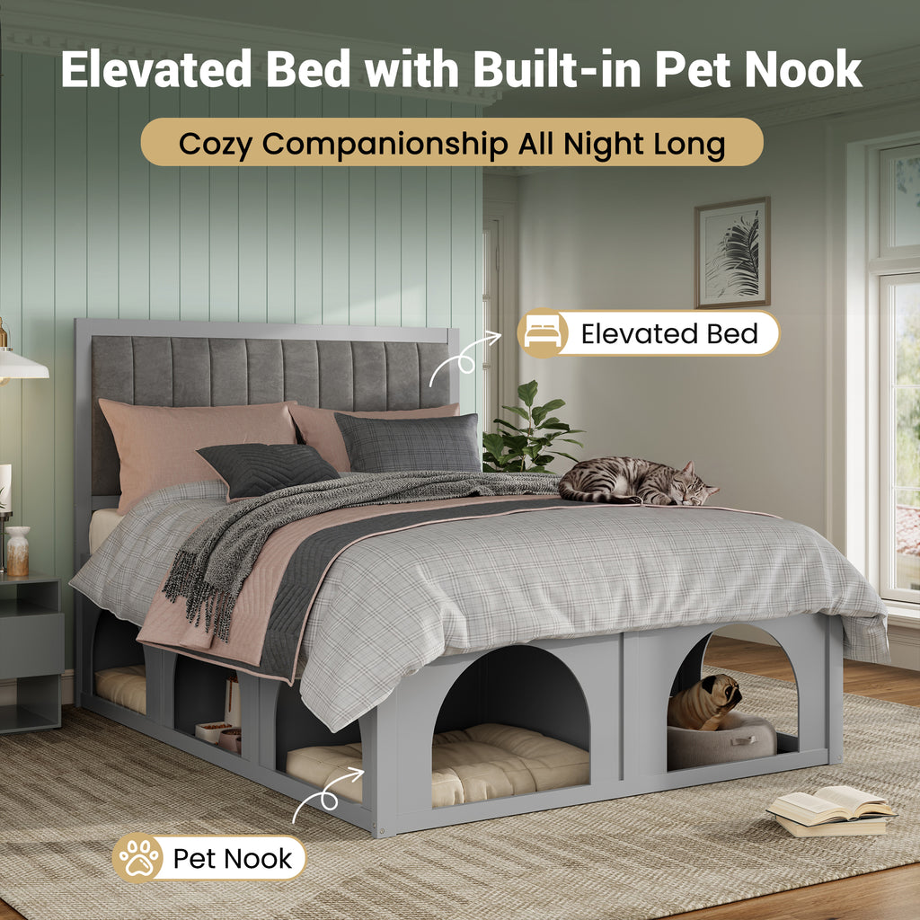 NYBOPAVIS Queen Size Bed Frame with Nook & Storage,Upholstered Platform Bed for Bedroom,Office,Guest Room, Light Grey