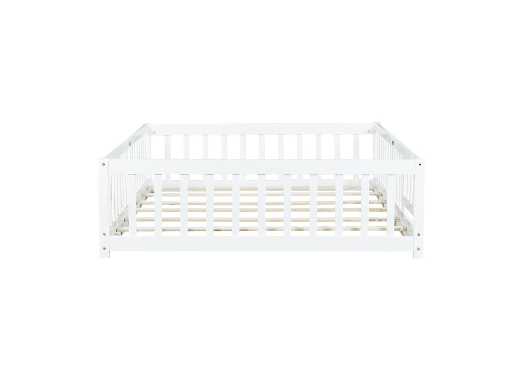 NYBOPAVIS Full Size Floor Bed with Fence&Door,Rubber Wood Floor Bed with Safety Guardrails, Montessori Bed Boys, Girls,White