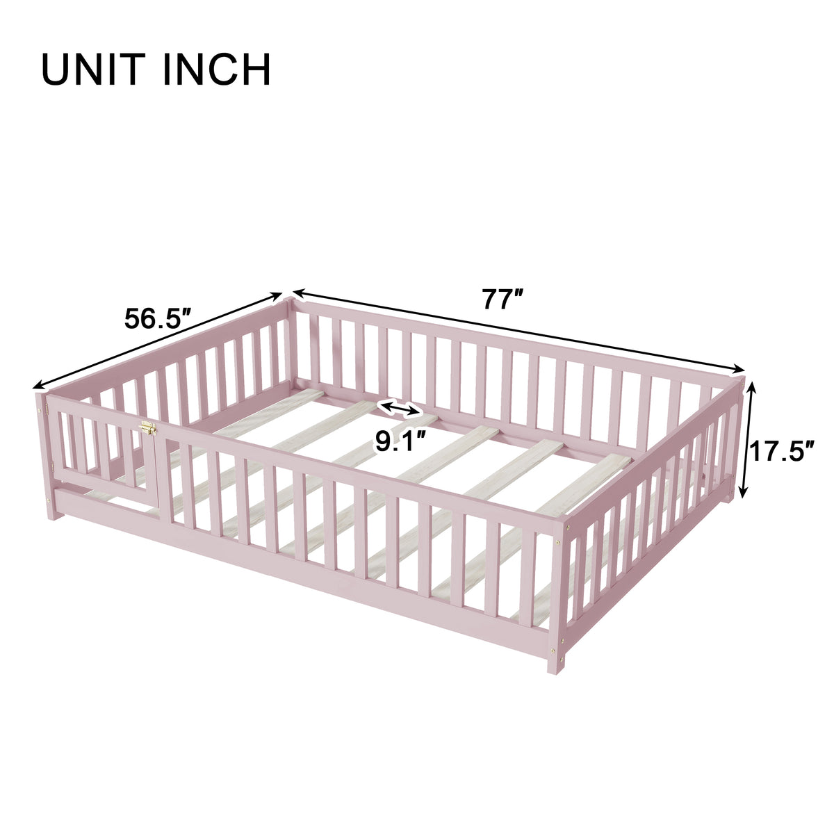 NYBOPAVIS Full Size Floor Bed with Fence&Door,Rubber Wood Floor Bed with Safety Guardrails, Montessori Bed Boys, Girls,Pink