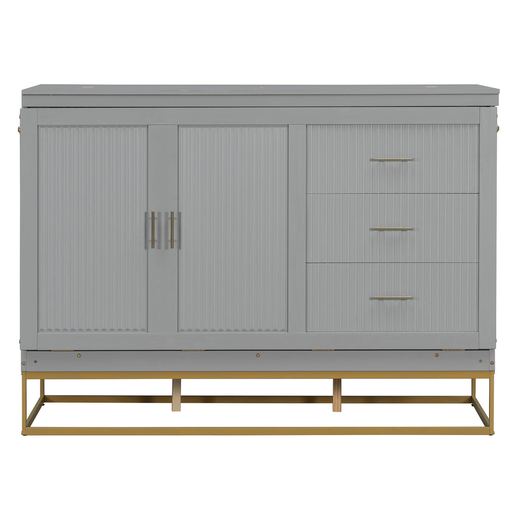 Queen Size Murphy Bed with Metal Legs & Fake Drawers ,Folding Storage Wall Bed Furniture for Bedroom,Office,Guest Room, Gray