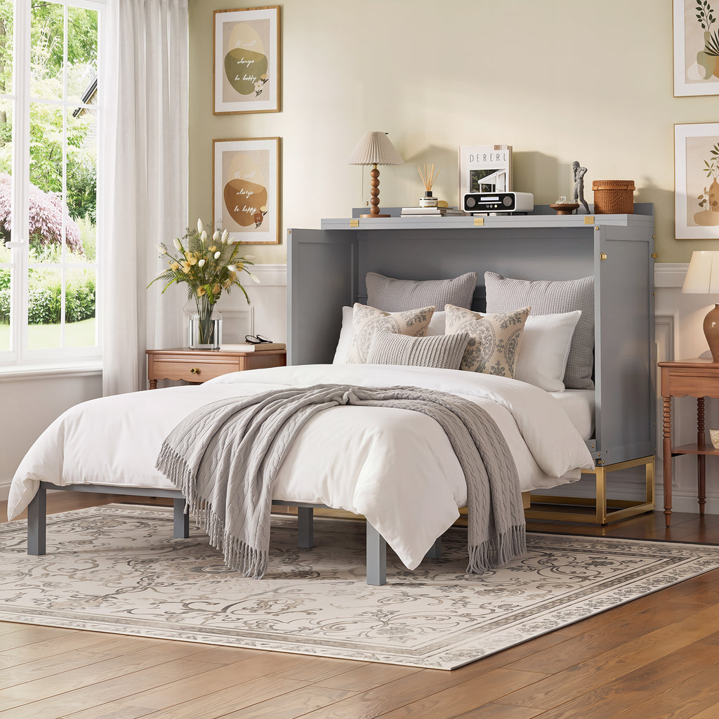 Queen Size Murphy Bed with Metal Legs & Fake Drawers ,Folding Storage Wall Bed Furniture for Bedroom,Office,Guest Room, Gray
