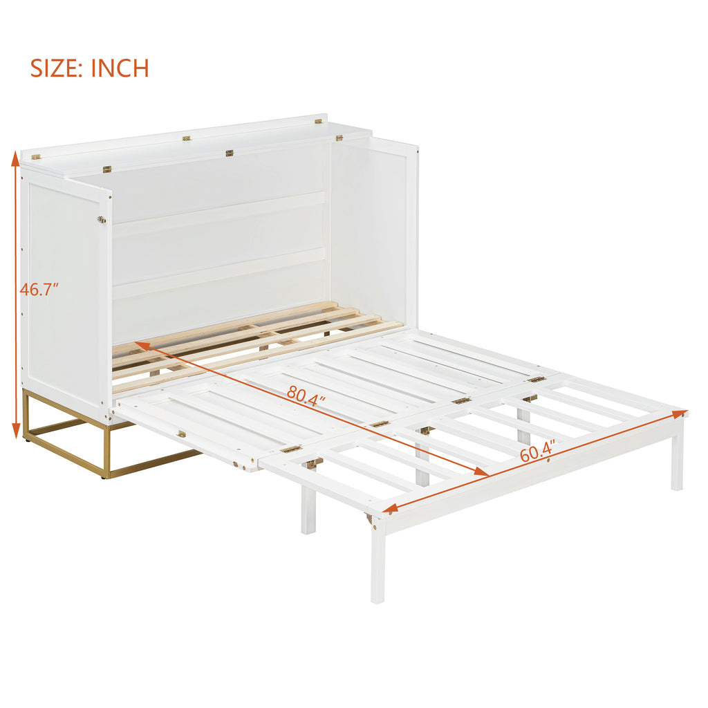 Queen Size Murphy Bed with Metal Legs & Fake Drawers ,Folding Storage Wall Bed Furniture for Bedroom,Office,Guest Room, White