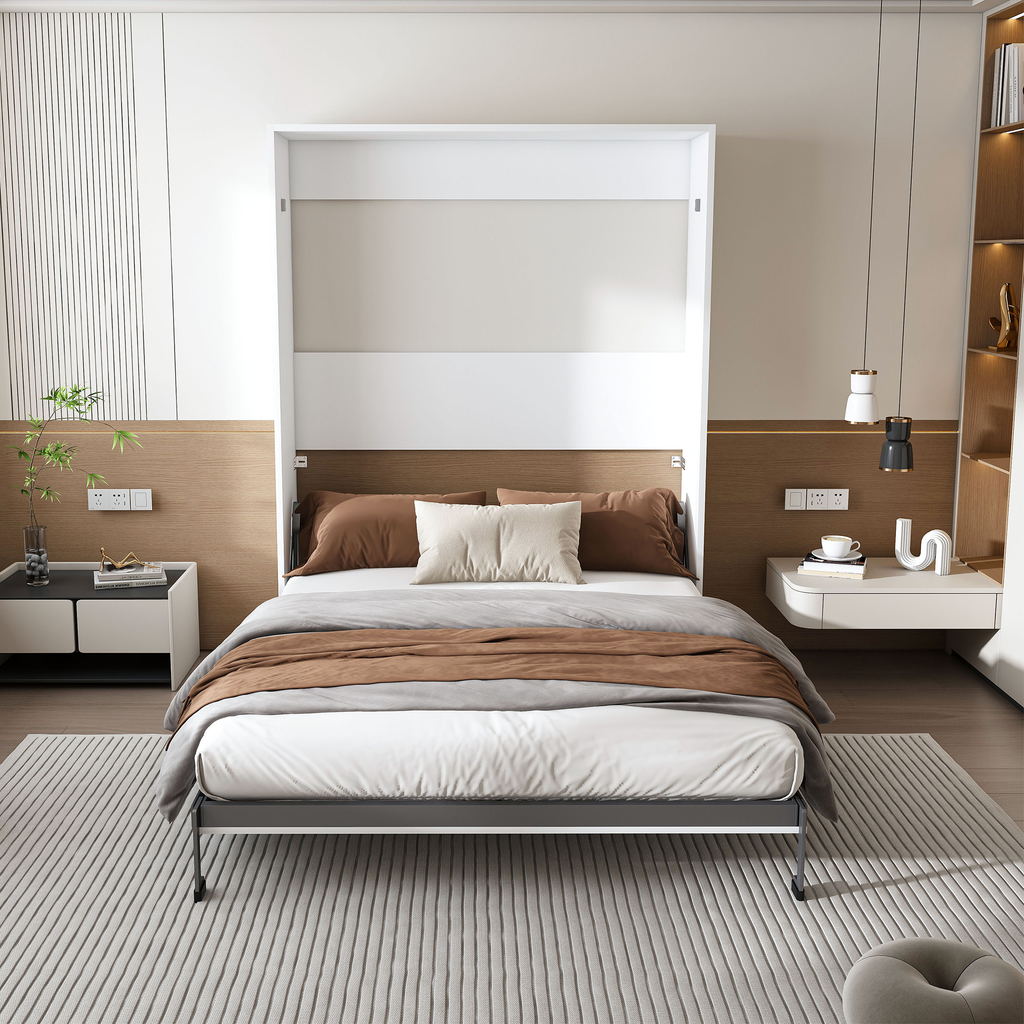 NYBOPAVIS Queen Murphy bed, 65-inch foldable wall bed with metal bed frame, solid wood support slats Multifunctional Storage Cabinet Bed for Bedroom, Guest Room, Office,White