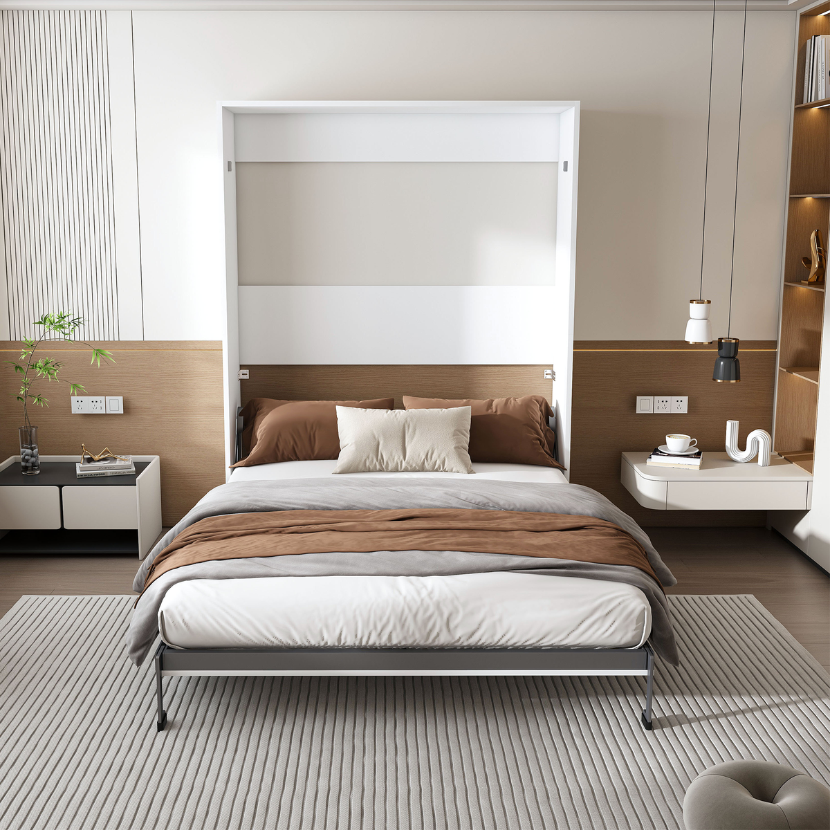 NYBOPAVIS Queen Murphy bed, 65-inch foldable wall bed with metal bed frame, solid wood support slats Multifunctional Storage Cabinet Bed for Bedroom, Guest Room, Office,White